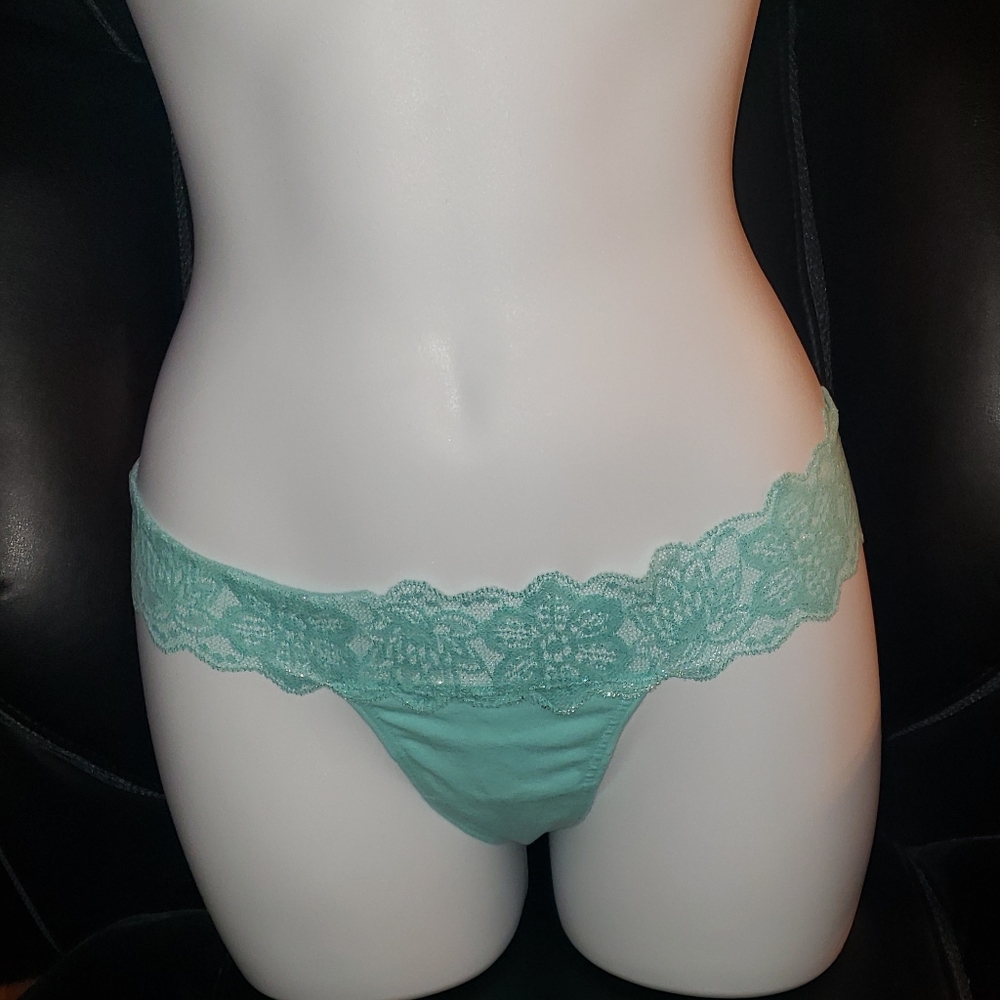 Victoria's Secret Pink Aqua Silver Shimmer Floral Lace Thong Panties S NWT